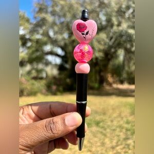 Custom made Pink Heart and Floral Beaded Pen